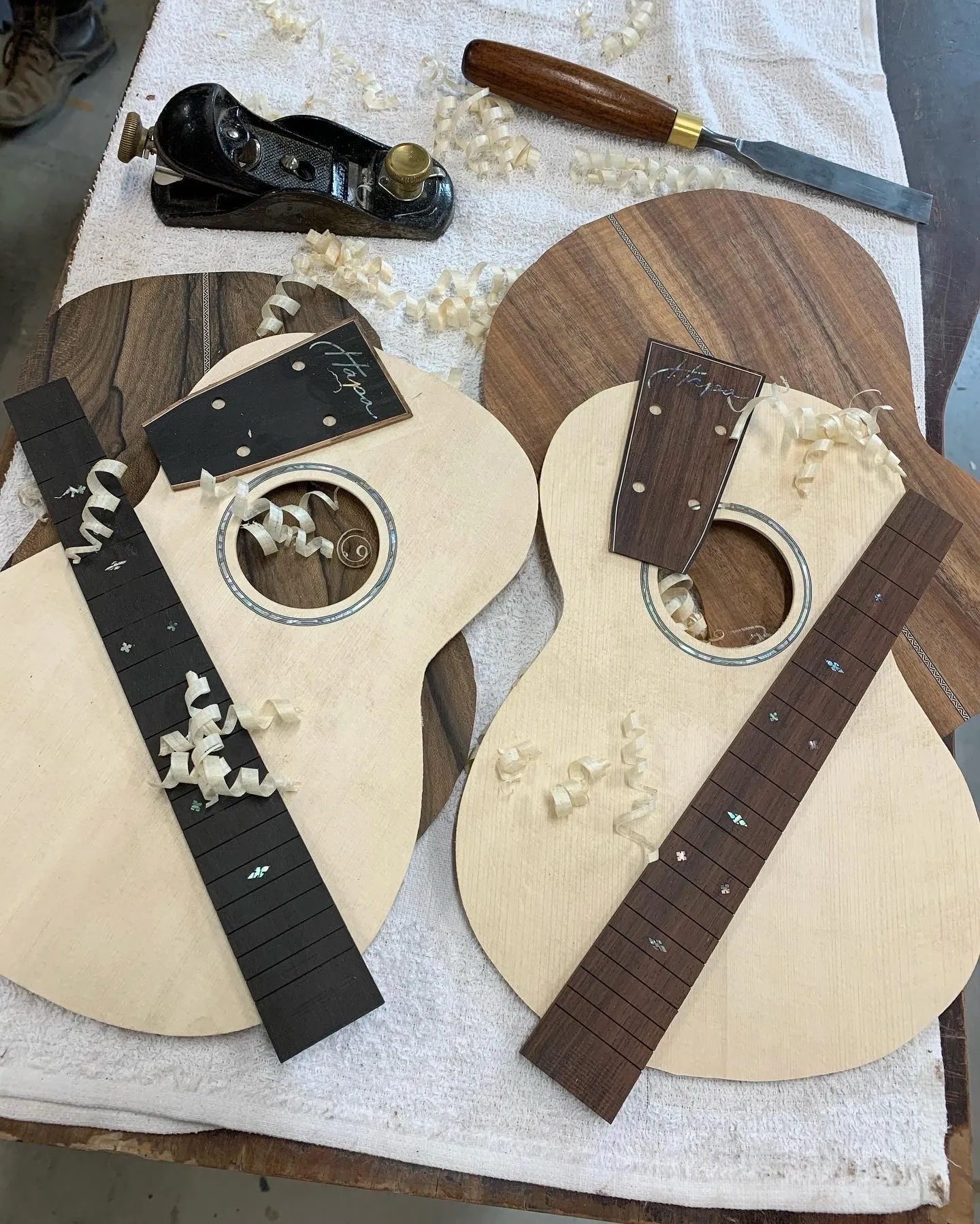 Hapa ukulele workshop with tools and wood shavings